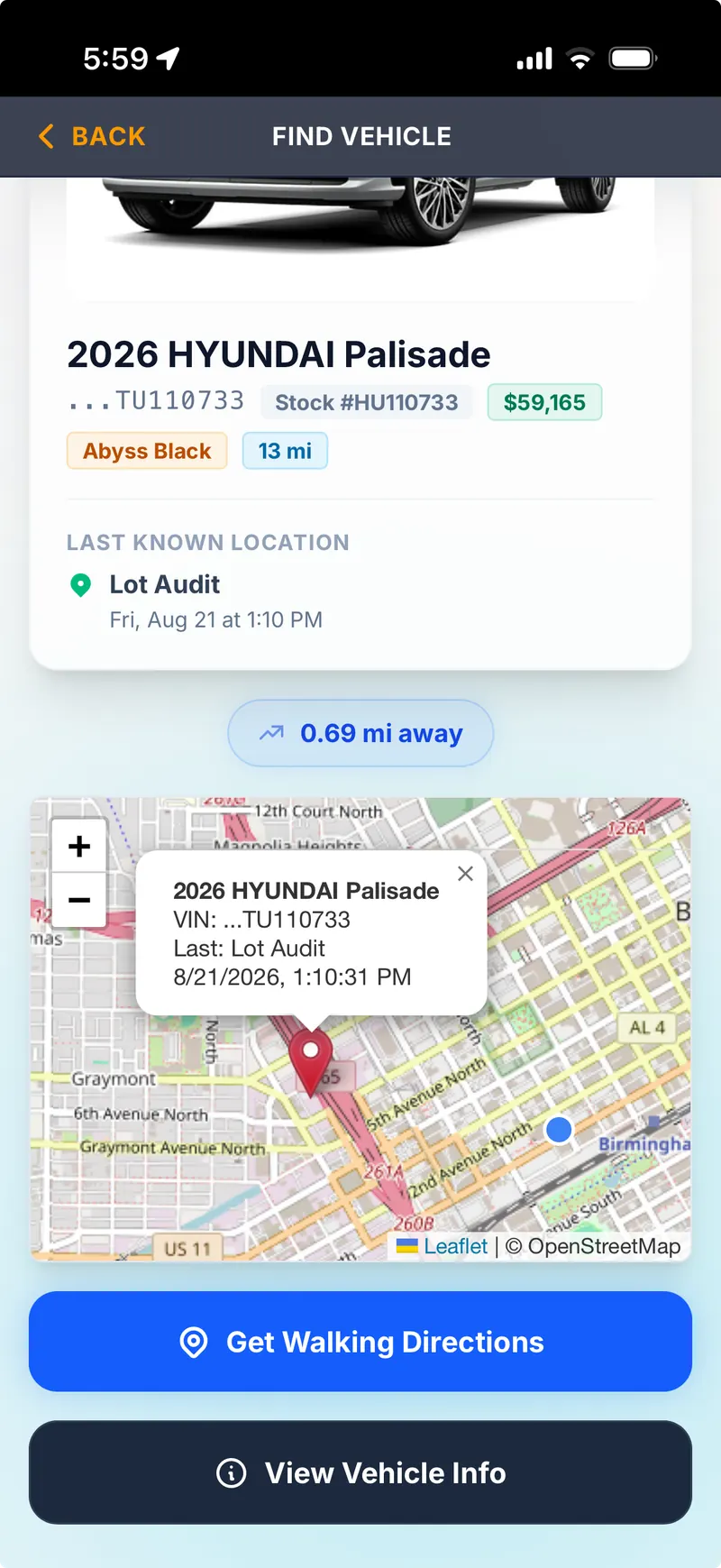 Always Audit mobile app find vehicle screen