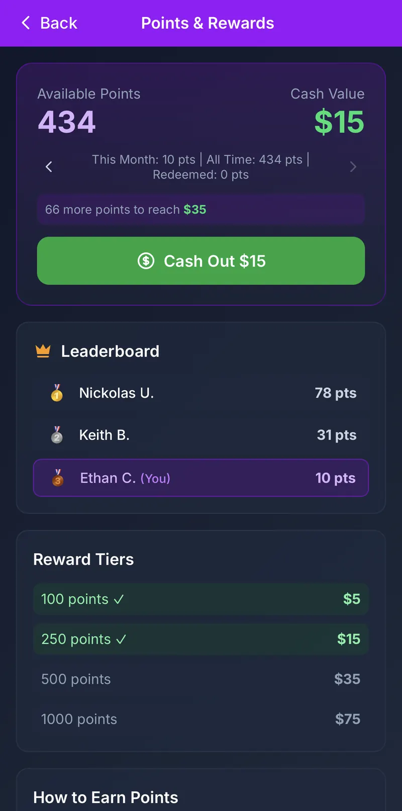Always Audit mobile app points and bounties screen